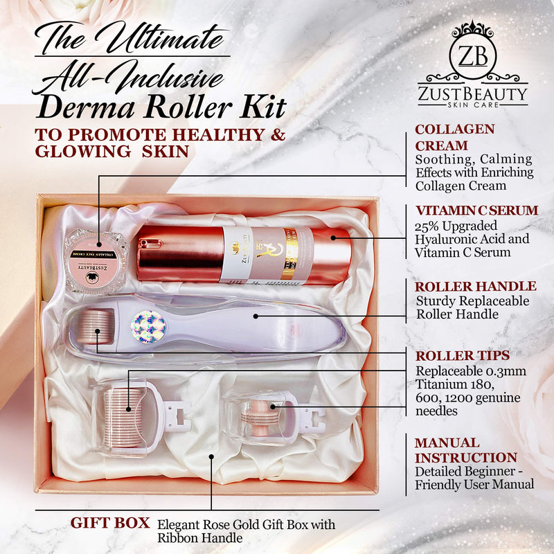 ZUSTBEAUTY | ALL IN 1| Derma Roller Kit With Vitamin C 25% Serum & Collagen Cream | For Face, Body, Beard, Hair, Stomach, Lip |0.3MM Titanium Microneedle Heads 180 for Eyes 600 for Face 1200 for Body - BeesActive Australia