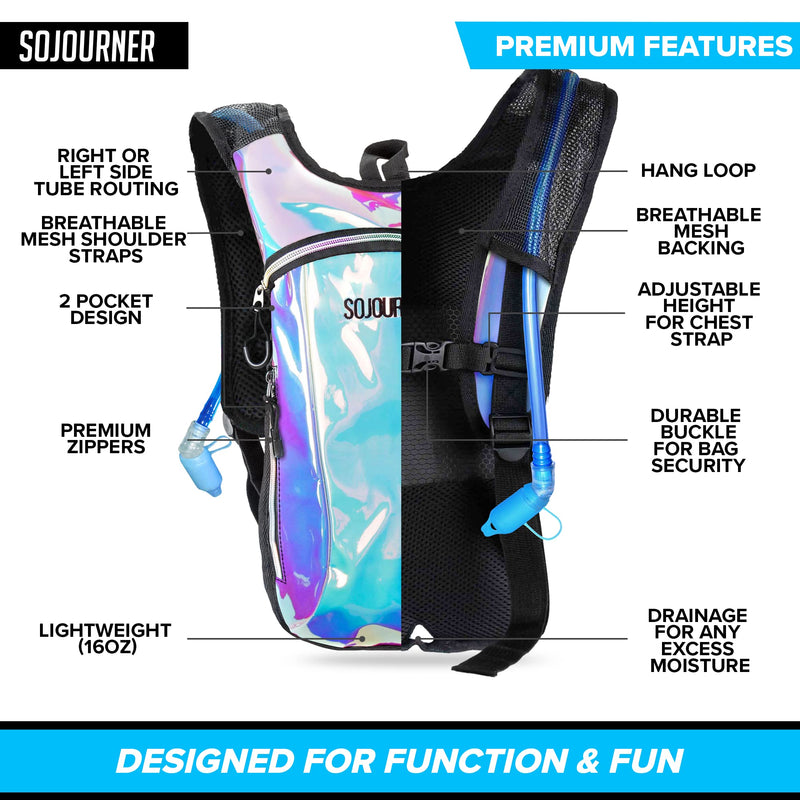Sojourner Hydration Pack, Hydration Backpack - Water Backpack with 2l Hydration Bladder, Festival Essential - Rave Hydration Pack Hydropack Hydro for Hiking, Running, Biking, Festival Gear Holographic - Blue - BeesActive Australia