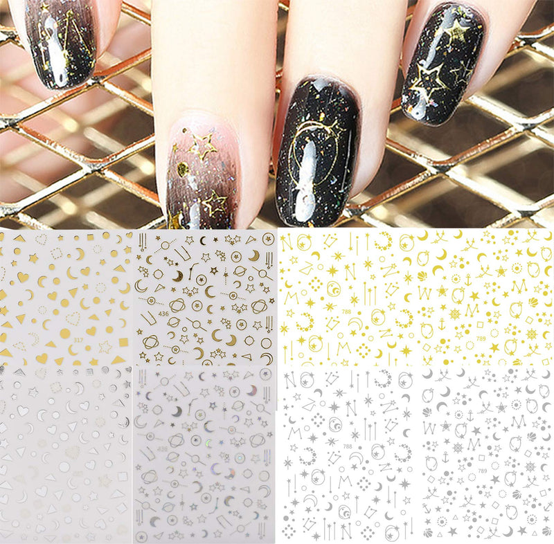 8 Sheets Stars Moon Nail Art Stickers 3D Metallic Self-Adhesive Gold Silver Geometry Star Moon Planet Nail Decals For Acrylic Nail Supplies DIY Manicure Nail Decoration Accessories - BeesActive Australia