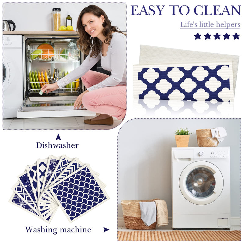 Patelai 6 Pieces Swedish Kitchen Dish Towels Kitchen Cloths Reusable Sponge Cleaning Cloths Absorbent Dish Cloth No Odor Hand Towel Quick Drying Washable Cleaning Wipes (Navy Geometry Style) Navy Geometry Style - BeesActive Australia