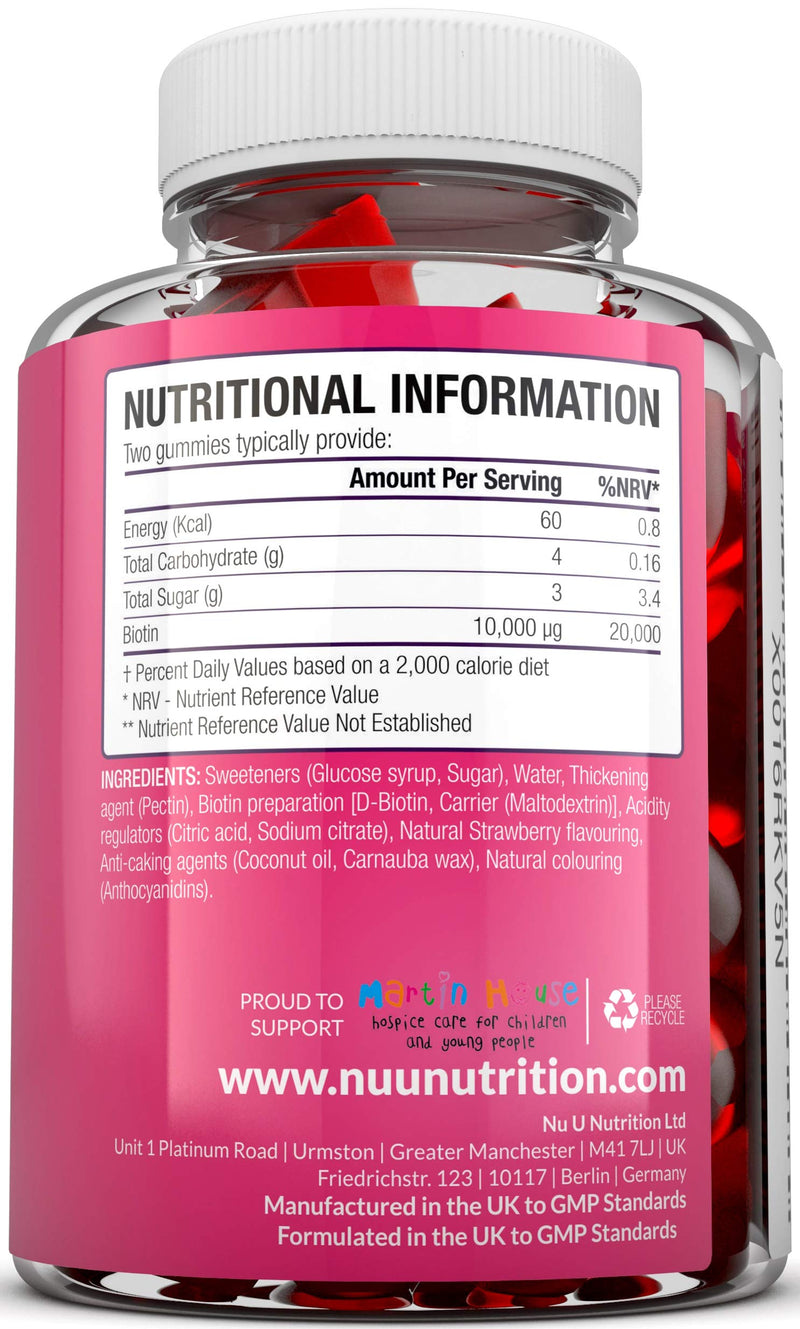 Biotin Hair Gummies 10,000mcg - 90 Vegan Gummies - 45 Day Supply - Strawberry Flavour - Supports Normal Skin & Hair Growth - Chewable Hair Vitamins - BeesActive Australia