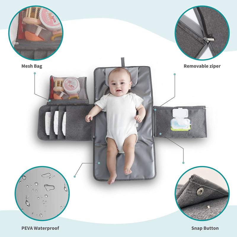 JanYoo Baby Portable Changing Pad with Wipes Pocket for Diaper Bag Wipeable Waterproof Newborn Travel Mat Shower Gifts Grey - BeesActive Australia