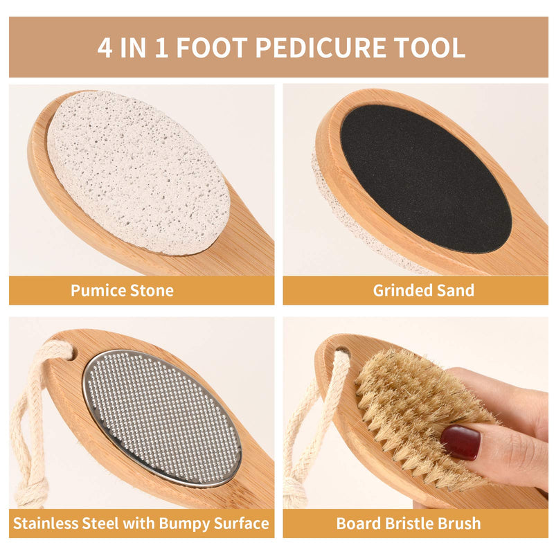 KALESUKI Foot File Callus Remover, Multi-purpose 4 in 1 Feet Pedicure Scrubber Exfoliator Tools with Foot Care Bristle Brush, Pumice Stone, Mental Foot Rasp, Sand Paper and Bamboo Handle - BeesActive Australia