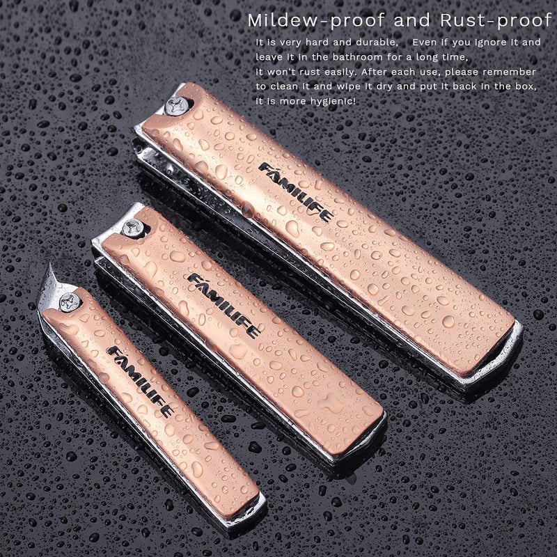 FAMILIFE Nail Clipper Set Stainless Steel Rose Gold Toenail Fingernail Clippers Slant Side Edge Nail Cutter 3 pcs Manicure Pedicure Set with Travel Case - BeesActive Australia