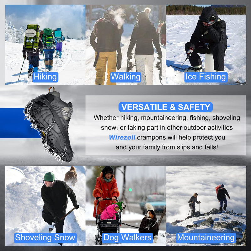 Wirezoll Ice Cleats, Crampons for Hiking Boots and Snow Shoes Non Slip Climbing Spikes Ice Grippers for Traction with Boot Chains and Microspikes for Men and Women Medium 24 Teeth Black - BeesActive Australia