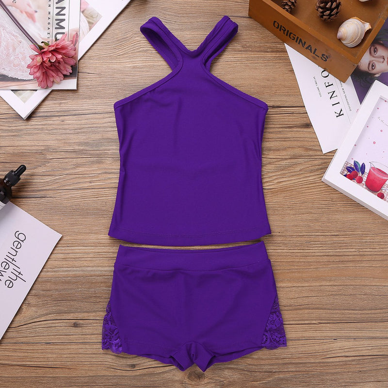 [AUSTRALIA] - TiaoBug Kids Girls 2pcs Tankini Performance Outfit Gymmnastics Dancing Leotard Crop Top with Bottoms Set Activewear Purple 8 