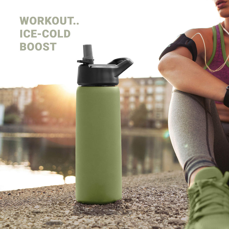 Triple Insulated Stainless Steel Water Bottle with Straw Lid - Flip Top Lid - Wide Mouth Cap (26 oz) Insulated Water Bottles, Keeps Hot and Cold - Great for Hiking & Biking. Army Green - BeesActive Australia