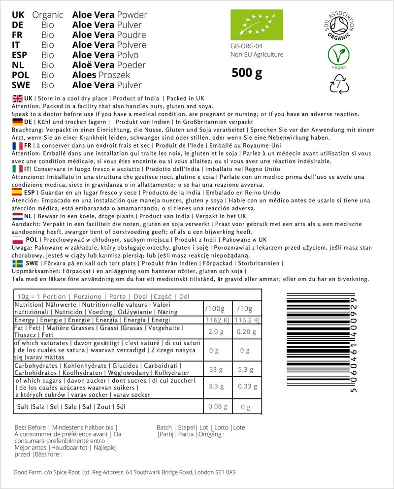 GoodFarm Organic Aloe Vera Powder 500g - Premium Quality, Certified Organic | Excellent for skin care | Vegan | Ayurveda - BeesActive Australia