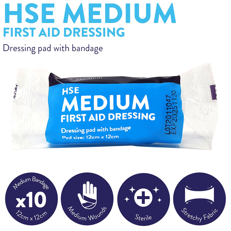 JFA Medical HSE Medium Sterile First Aid Wound Dressing Bandage with Pad 12 x 12cm - Pack of 10 Bandages 10 Count (Pack of 1) - BeesActive Australia
