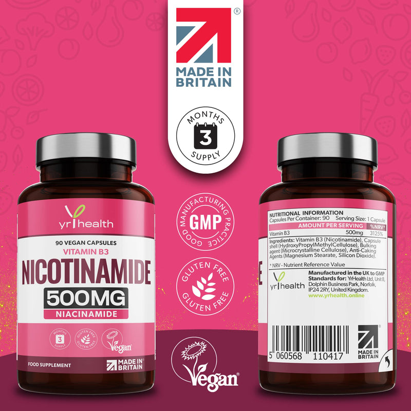 Vitamin B3 Nicotinamide, Niacinamide 500mg - 90 Vegan Niacin B3 Capsules Flush Free, for Skin, Energy Yielding Metabolism, Tiredness & Fatigue, One A Day, 3 Months Supply - Made in The UK by YrHealth - BeesActive Australia
