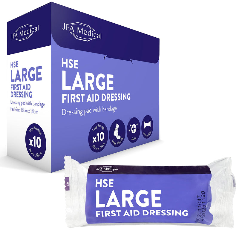 JFA Medical HSE Large Sterile First Aid Dressing Bandage with Pad 18 x 18cm - Pack of 10 Bandages - BeesActive Australia