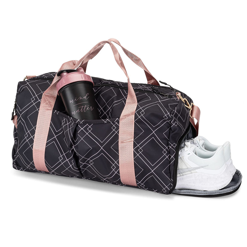 Gym Bag for Women with Shoe Compartment and Wet Pocket | Durable Lightweight Gym Duffle with Motivational Quote and Graphic Designs | Great for Working Out, Travel, and Overnights | Black/Rose - Diamond - BeesActive Australia