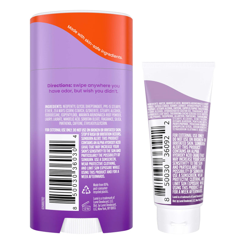 Lume Whole Body Deodorant - Invisible Cream Tube Mini and Solid Stick - 72 Hour Odor Control - Aluminum Free, Baking Soda Free, Skin Safe - 0.5 Ounce Mini Tube + 2.6 Ounce Solid Stick Bundle (Lavender Sage) Lavender Sage - BeesActive Australia