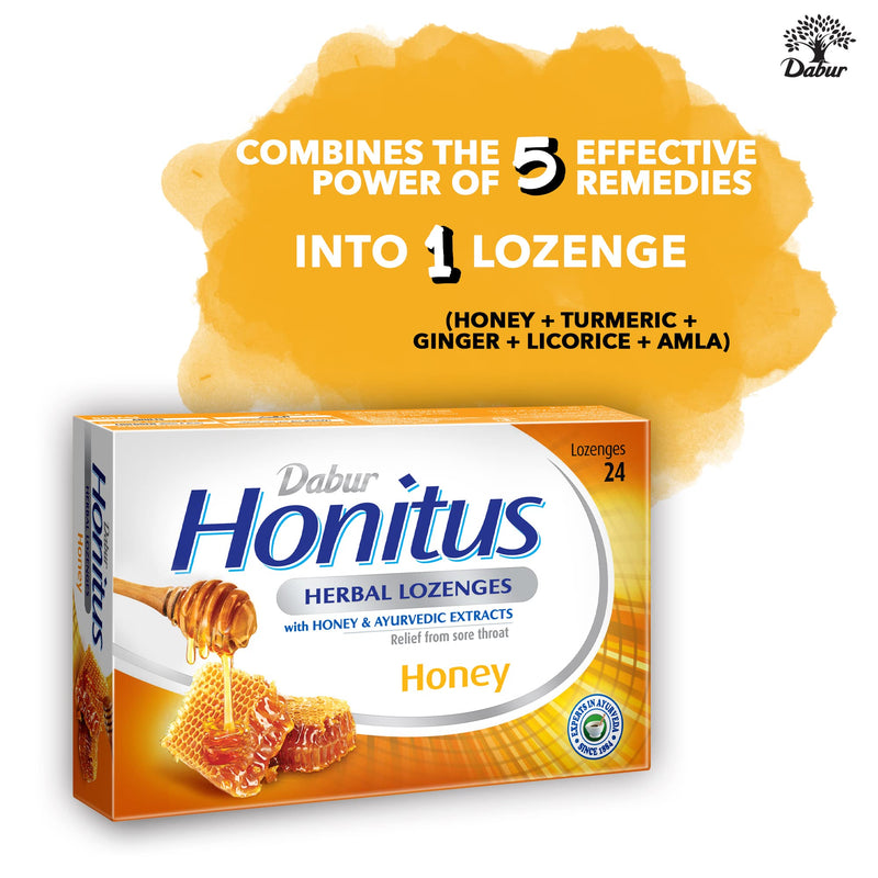 Dabur Honitus Herbal Lozenges | Effective Relief from Cough & Sore Throat Pain | Honey Flavor - 24 Lozenges - BeesActive Australia
