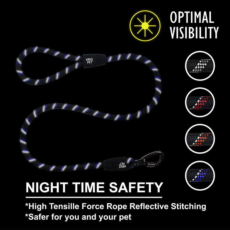 Kruz Reflective Dog Leash -KZROPE5048/5060 - Soft Silicone Grip with Click & Lock Snap - Walking, Running and Pet Training - Heavy-Duty, Durable Rope - Security, Safety, Control, and Comfort 1/2" x 5 FT Black - BeesActive Australia