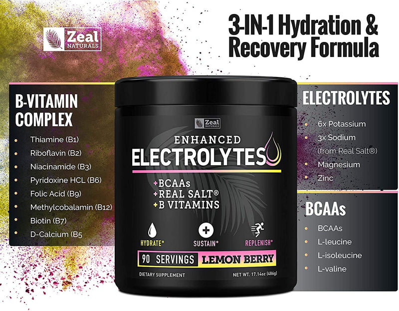Electrolyte Powder Recovery Drink (90 Servings | Lemon Berry) w Real Salt +BCAAs +B-Vitamins Sugar Free Electrolyte Supplement w Potassium Zinc & Magnesium for Hydration - Keto Electrolytes 90 Servings - BeesActive Australia