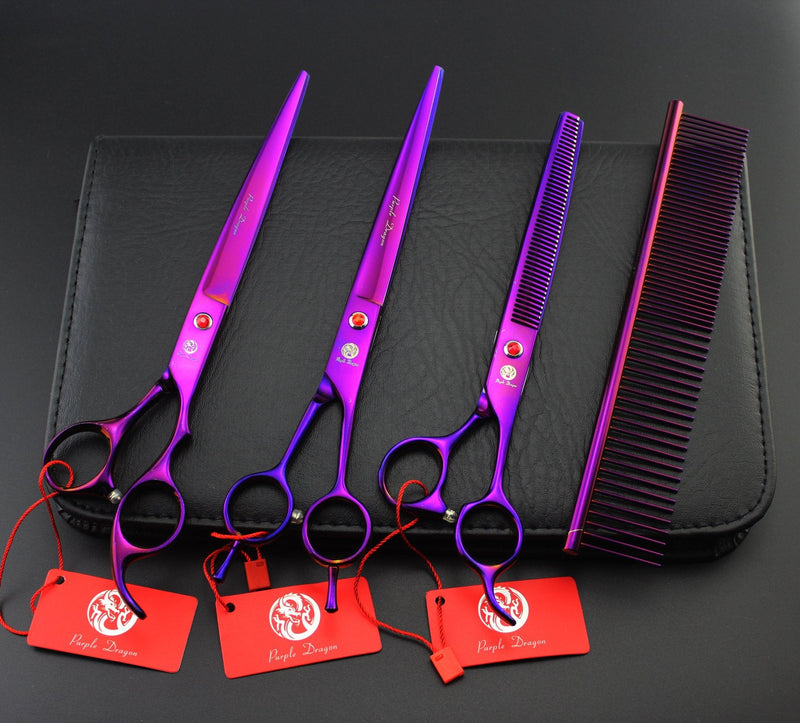 Purple Dragon 8 inch 3 in 1 Professional Pet Grooming Thinning Scissors - Upward Curved Shears and Dog Hair Cutting Scissor - Perfect for Pet Groomer or Family DIY Use Purple - BeesActive Australia