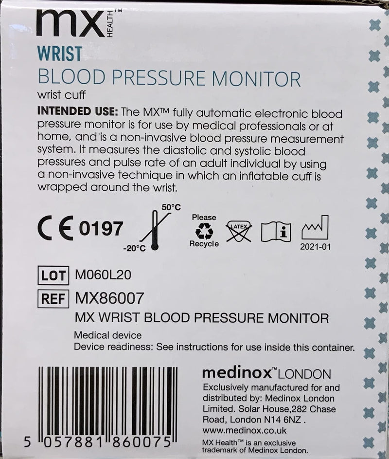 MX Health Fully Automatic Wrist Blood Pressure Monitor - 14-19cm Wrist Cuff - 120 Memories - Arrhythmia Detection (IHB) - BeesActive Australia