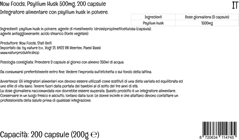 Now Foods, Psyllium Husks, 500mg, 200 Vegan Capsules, Lab-Tested, SOYA Free, Gluten Free, Vegetarian, Non-GMO - BeesActive Australia