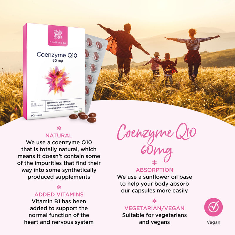 Healthspan Coenzyme Q10 60mg | 90 Capsules | Added Vitamin B | Sunflower Oil Base | Optimum Purity | Vegan CoQ10 60mg - BeesActive Australia