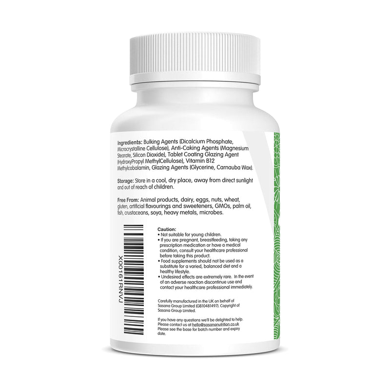 Sasana Nutrition Vitamin B12 Tablets High Strength 1000mcg - 180 Vegan/Vegetarian Tablets 6 Months Supply � B12 Vitamin Manufactured in The UK - BeesActive Australia