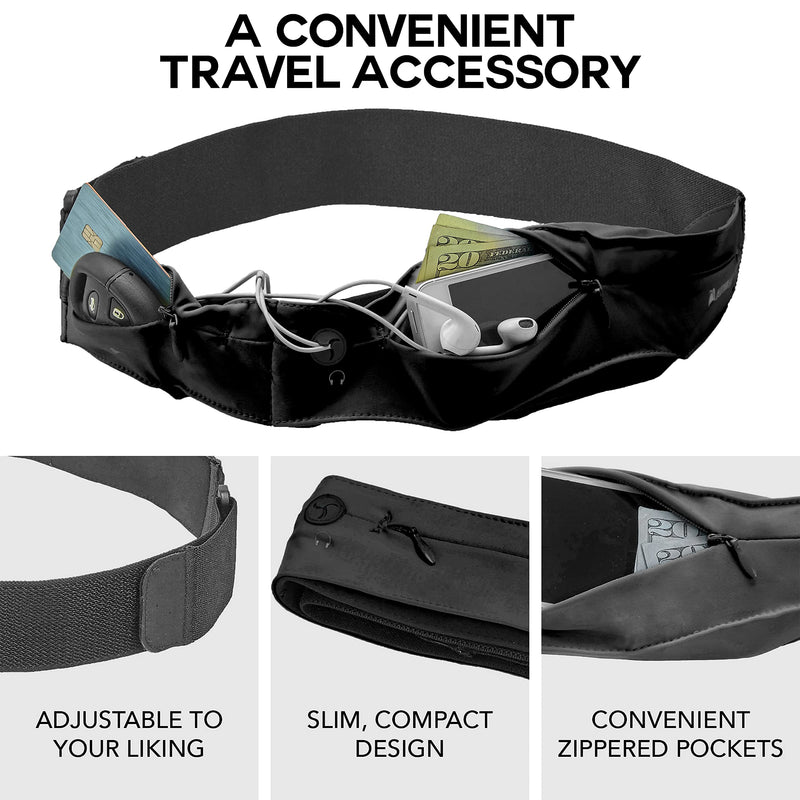 Athlé Running Belt for Exercise and Travel - Two Stretch Pockets Fit Most Phones, Wallet, Cards and More - Key Clip, Earphone Jack, Adjustable Waist Strap Medium - 25" - 32" Black - BeesActive Australia