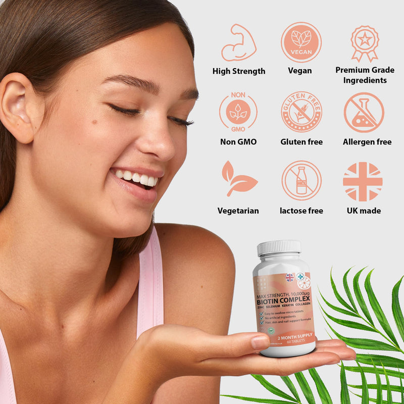 Biotin Hair Growth Supplement Complex 60 Tablets | 10,000 mcg Biotin with Collagen, Selenium, Keratin & Zinc | Promotes Growth, Thickness, Strength & Volume | Men & Women Hair Support Vitamins - BeesActive Australia