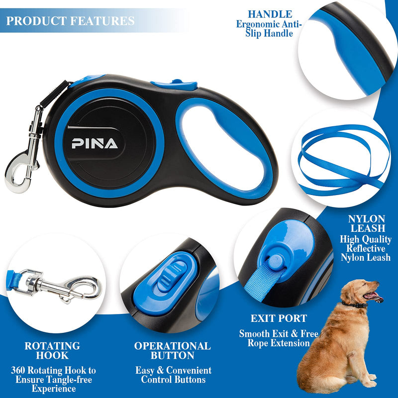 PINA Retractable Dog Leash, 26ft Dog Leash for Small Medium Large Dogs Up to 110lbs, 360° Tangle-Free Strong Reflective Nylon Tape, with Anti-Slip Handle, One-Handed Brake, Pause, Lock Black Blue - BeesActive Australia