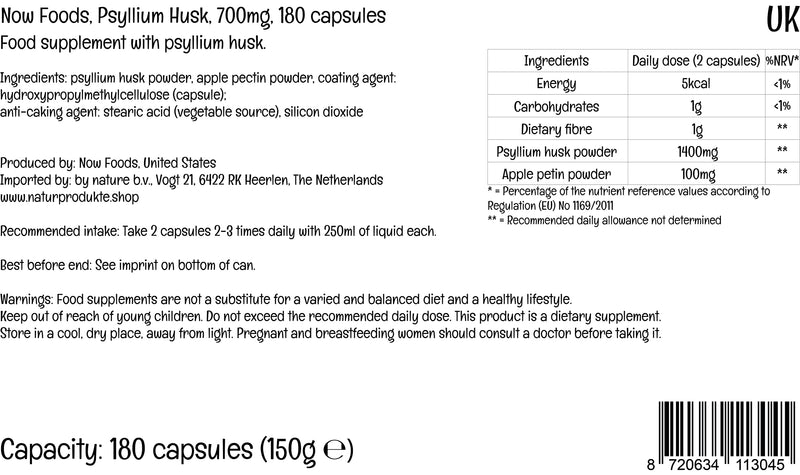 Now Foods, Psyllium Husk, 700mg, with Apple Pectin, Dietary Fibre, 180 Vegan Capsules, Lab-Tested, Gluten Free, SOYA Free, Vegetarian, Non-GMO - BeesActive Australia