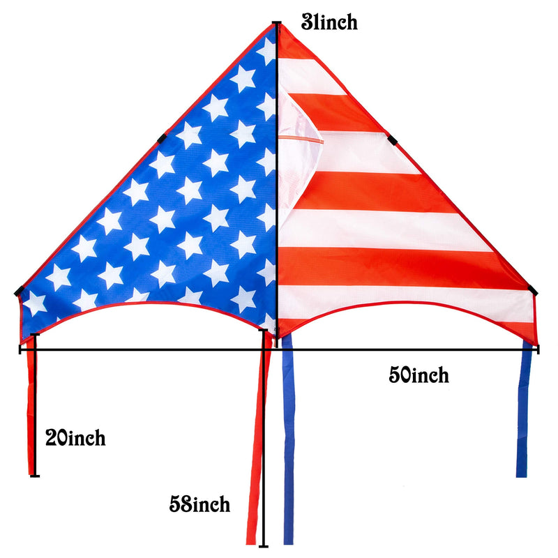 JEKOSEN 50" Patriotic American Flag Large Delta Kite for Kids and Adults Single Line with 58" Tail String Easy to Fly for Beach Trip Park Family Outdoor Games and Activities Red/Blue/White - BeesActive Australia