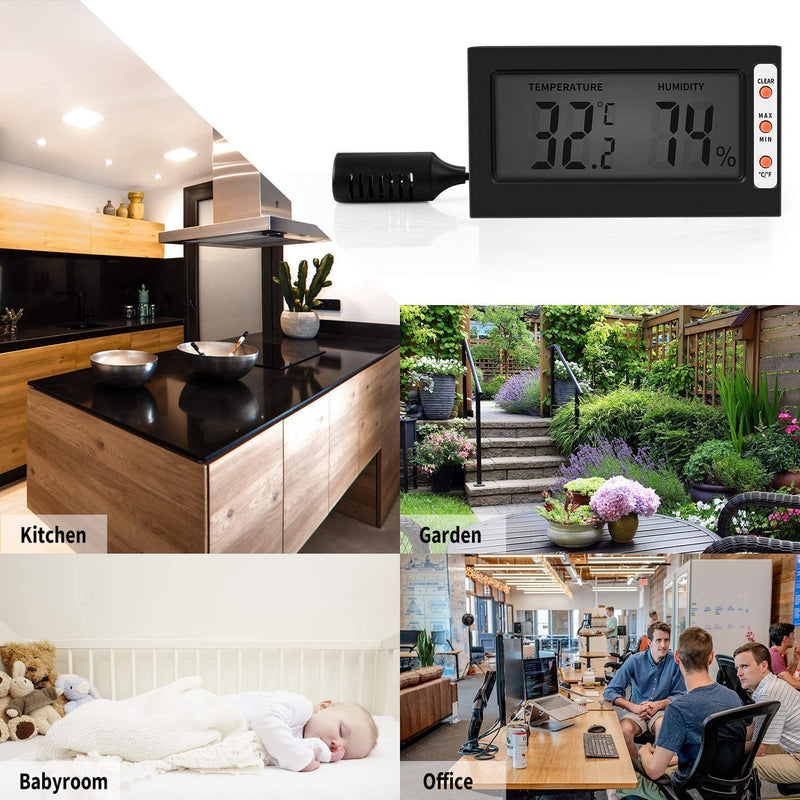 Simple Deluxe Digital Thermometer and Hygrometer with Humidity Probe for Reptile Tank/Egg Incubator Easy to Read, Thermo&Hygro Meter, Black 2-Pack - BeesActive Australia