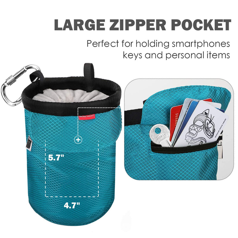 Rhino Valley Climbing Chalk Bag, No Leak Drawstring Closure Bag with Adjustable Belt, Carabiner Clip and Zippered Pockets for Climbing, Gymnastics, Cross Fit, Weight Lifting & More Light Blue - BeesActive Australia