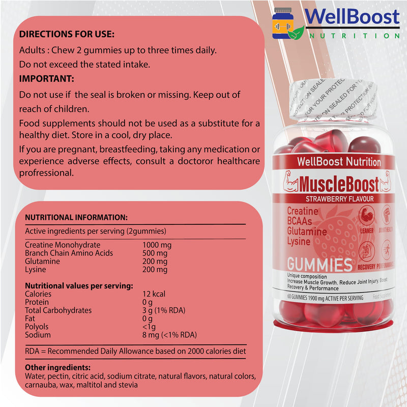 Muscle Boost - Recovery, Creatine, BCAA, Glutamine, Lysine, Chewable Gummies for Men & Women - 60 Gummies - 1900mg Active per Serving - Natural Strawberry Flavour, Suitable for Vegans - BeesActive Australia
