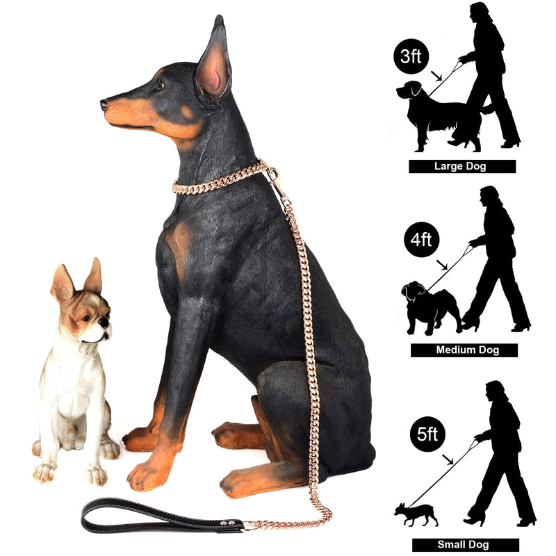 GZMZC Rose Gold Chain Dog Leash 12MM Heavy Duty Dog Leash Chains with Leather Padded Handle for Large Dogs Collar Chain (3FT, 4FT, 5FT 3ft Total Length(Pack of 1) - BeesActive Australia