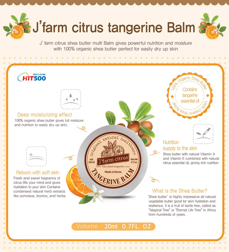[J' farm citrus] Jeju Natural Shea Butter Tangerine Multi Balm - hydrates body, provides nutrients to Eye & Face - Organic shea butter (99%) - All Skin Types (0.7 FL.OZ) - BeesActive Australia