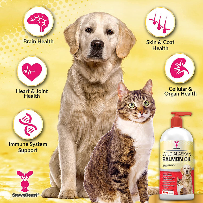 Savvybeast Wild Alaskan Salmon Oil for Dogs, Cats & Ferrets - Joint Support, Immune & Heart Health Liquid Food Supplement - Pure EPA DHA Omega 3 Fatty Acid Supplements Fish Oil for Pets - 16 & 32oz 16oz - BeesActive Australia