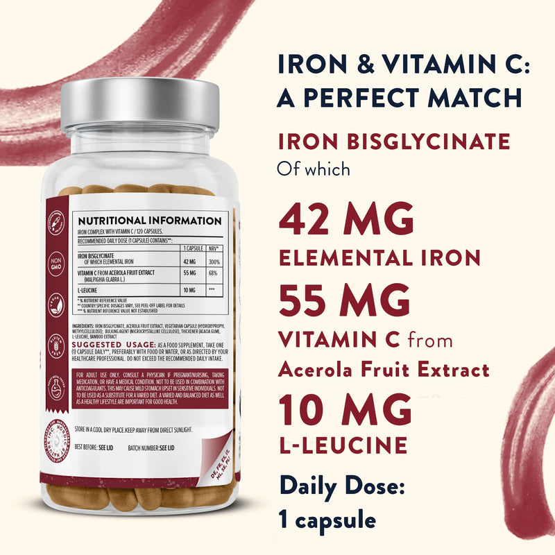 Gentle Iron Supplements for Women and Men - 42 mg Iron Tablets high Strength with Natural Vitamin C - Active Iron bisglycinate - Fatigue Supplements with high bioavailability - 120 Capsules - BeesActive Australia