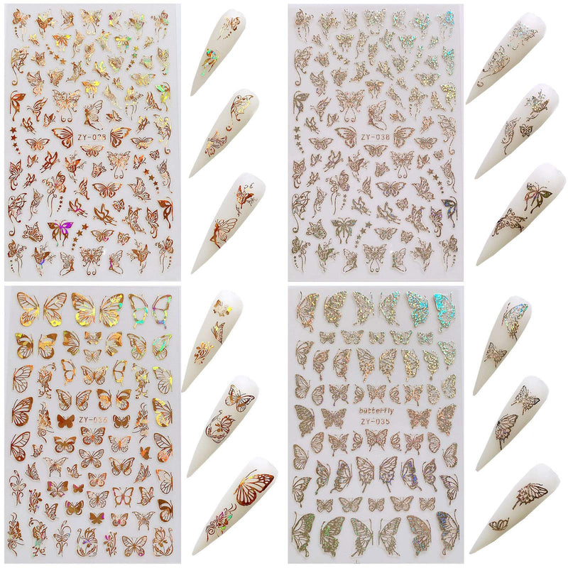 Butterfly Nail Art Stickers Decals 3D Butterfly Nail Art Adhesive Sticker Nail Art Supplies Laser Gold and Silver Butterfly Shapes Nail Art Decoration DIY Butterfly Stickers for Nails (8 Sheets) - BeesActive Australia