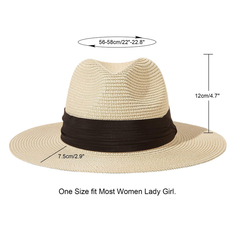 Lanzom Women Wide Brim Straw Panama Roll up Hat Belt Buckle Fedora Beach Sun Hat UPF50+ 01-fold Belt Khaki One Size - BeesActive Australia