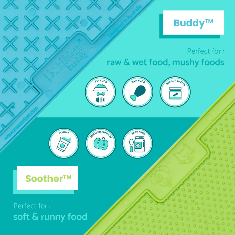 Lickimat Classic Dog Slow Feeders, Lick Mat, Boredom Anxiety Reduction; Perfect for Food, Treats, Yogurt, Peanut Butter. Fun Alternative to Slow Feed Dog Bowl! Green & Turquoise Soother & Buddy - BeesActive Australia