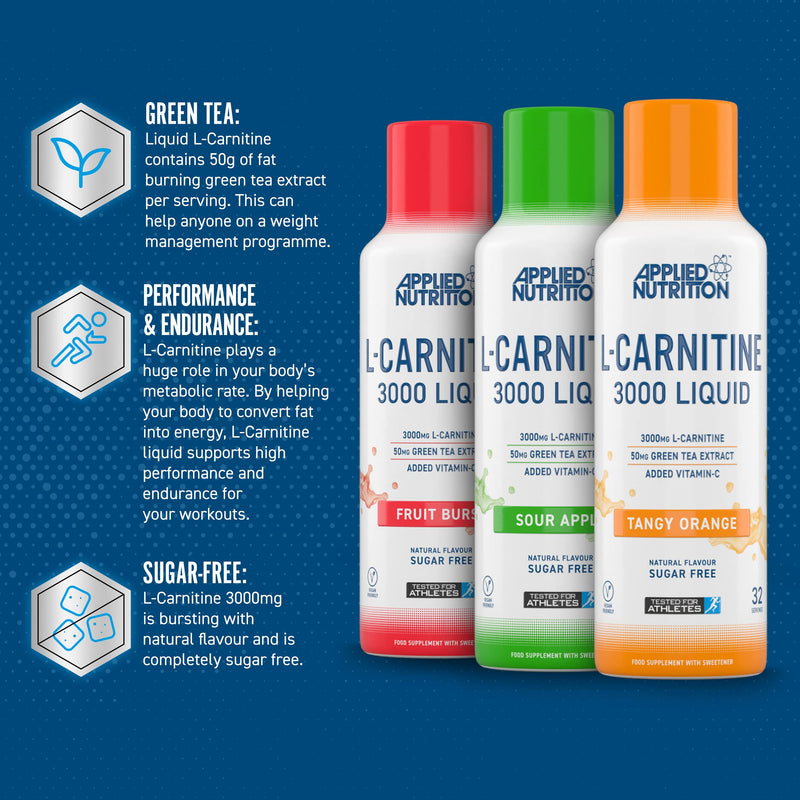 Applied Nutrition L Carnitine 3000 Liquid - L-Carnitine with Green Tea & Vitamin C, Boosts Energy & Weight Management, Vegan (480ml - 32 Servings) (Sour Apple) Sour Apple - BeesActive Australia