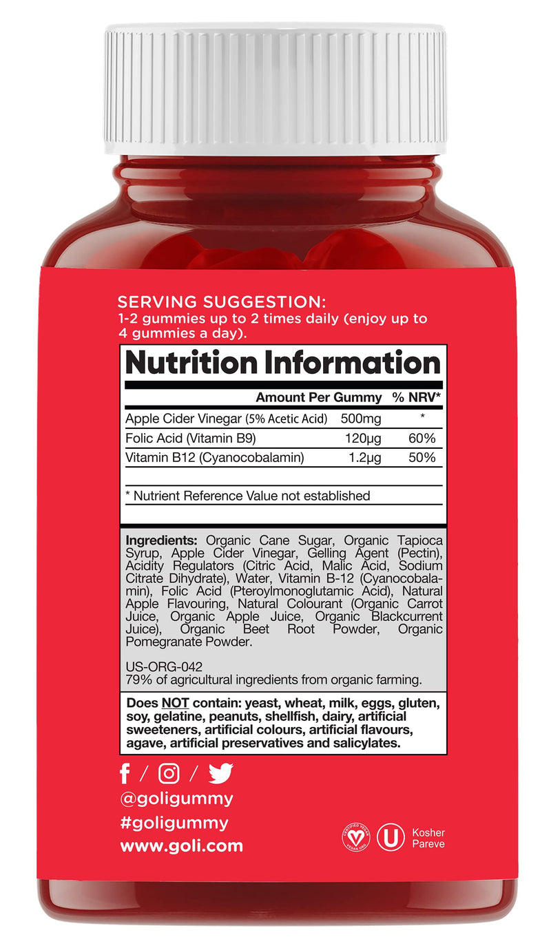 Goli Nutrition Apple Cider Vinegar Gummy Vitamins (1 Pack, 60 Count, Gelatin-Free, Gluten-Free, Vegan & Non-GMO Made with Essential Vitamins B9 & B12) - BeesActive Australia