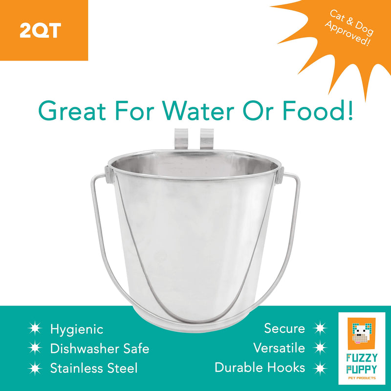 Fuzzy Puppy Flat Sided Pail with Dual Hooks, Snugly Fit On Dog, Cat and Critter Crates & Cages, Heavy Duty Stainless Steel 2-Quart - BeesActive Australia