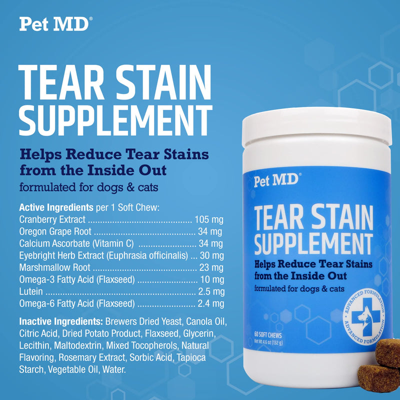 Pet MD Tear Stain Remover for Dogs & Cats - Antioxidant Eye Care Supplement with Lutein, Cranberry, & Omega 3 & 6 - Cat & Dog Tear Stain Remover Chews for White & Light Fur - 60 ct - BeesActive Australia