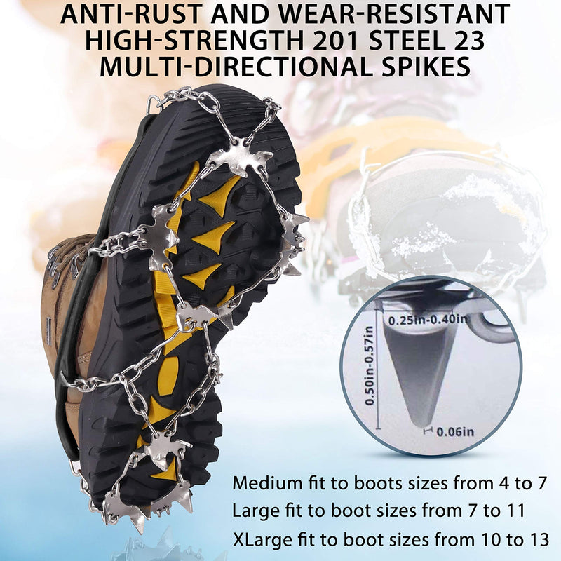 NewDoar Ice Cleats Crampons Traction,19 Spikes Stainless Steel Anti Slip Ice Snow Grips for Women, Kids, Men Shoes Boots, Safe Protect for Mountaineering, Climbing, Hiking, Walking, Fishing,M, L, XL Black Medium - BeesActive Australia