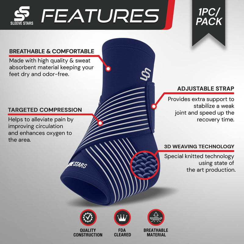 Sleeve Stars Ankle Support for Ligament Damage & Sprained Ankle, Plantar Fasciitis Support & Heel Achilles Tendonitis Pain Relief, Ankle Brace for Women & Men w/Compression Strap (Single/Navy Blue) One Size Navy Blue 1 - BeesActive Australia