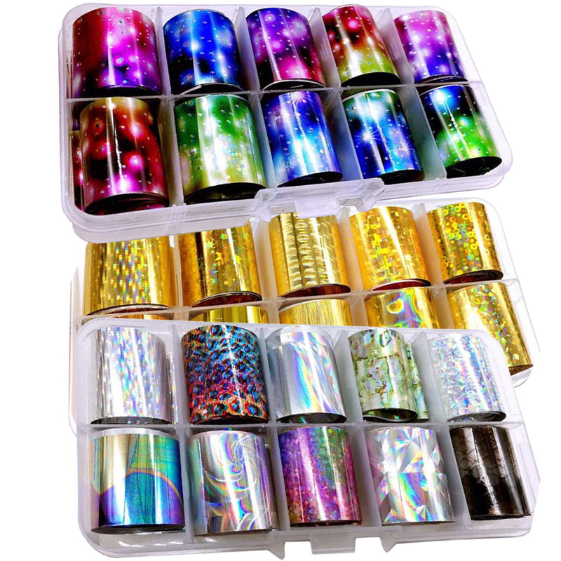 30 Rolls Holographic Transfer Nail Foil Glitter Starry Sky Nail Foils Wraps Metallic Gold Silver Laser Transfer Nail Decals Nail Foil Paper,1 Stainless Steel Curved Scissors (Holographic Starry) Holographic Starry - BeesActive Australia