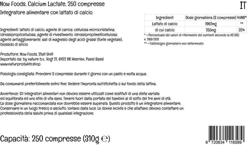 Now Foods, Calcium Lactate, High Dose, 250 Tablets, Lab-Tested, Gluten Free, Vegetarian, SOYA Free, Non-GMO - BeesActive Australia
