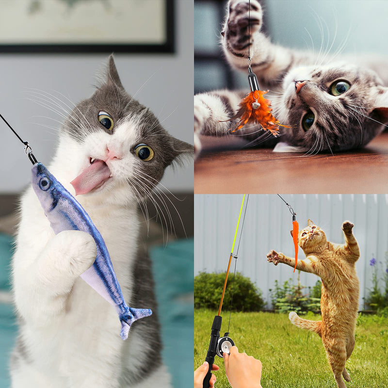 9 PCS Cat Fishing Pole Toy, Retractable Cat Feather Toys with Cat Wand Plush Fish Worm Feathers with Bells Catnip Interactive Cat Teaser Toys for Kitten Cat 9PCS CAT FISHING POLE TOY - BeesActive Australia