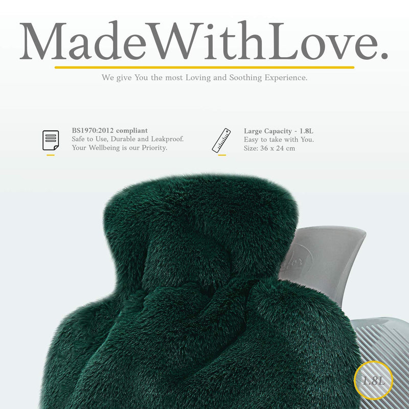 Qomfor Hot Water Bottle with Fluffy Cover - Soft Premium Faux Fur Cover - 1.8l Large Capacity - Hot Water Bag for Cosy Nights, Pain Relief, Back, Neck and Shoulders - Great Gift for Women (Green) Green - BeesActive Australia